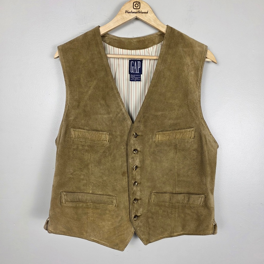 GAP Vintage Leather Suede Vest Waistcoat Tan Brown Leather Button Pockets Size M